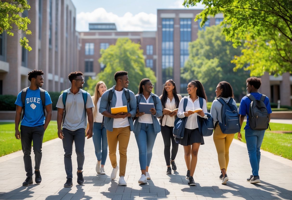 A group of diverse college students walking and talking on a university campus with modern buildings and green trees in the background.
