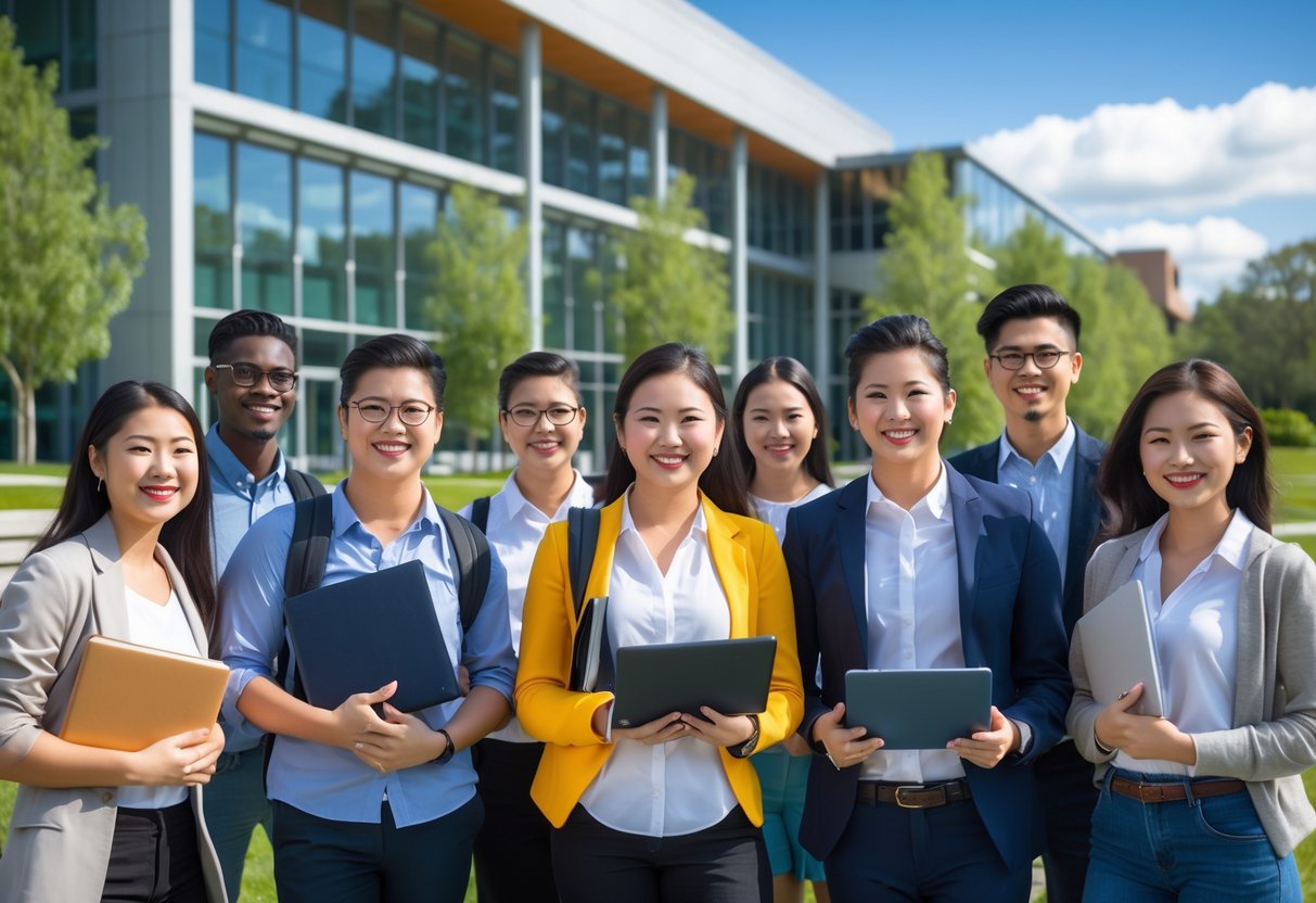 A group of diverse university students standing and talking outside a modern campus building on a sunny day.