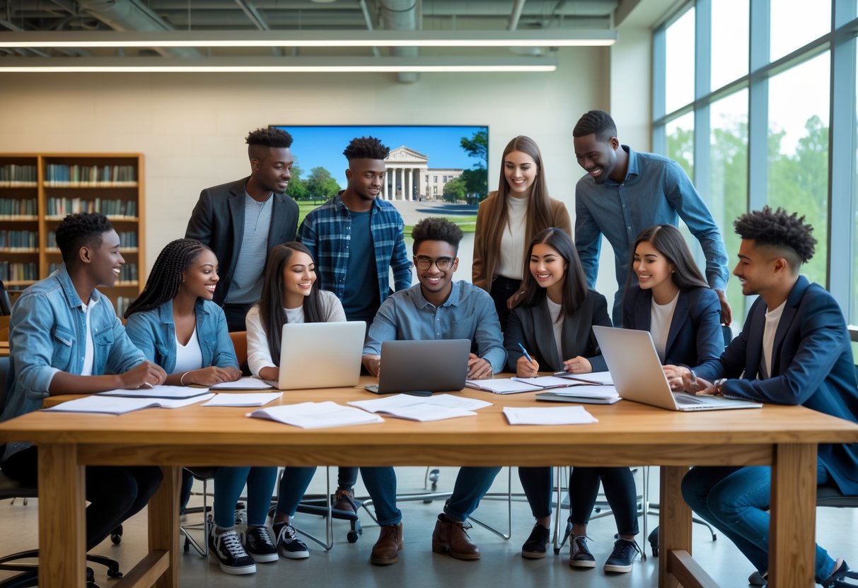 A diverse group of college students studying and discussing scholarship applications together in a bright university study lounge.