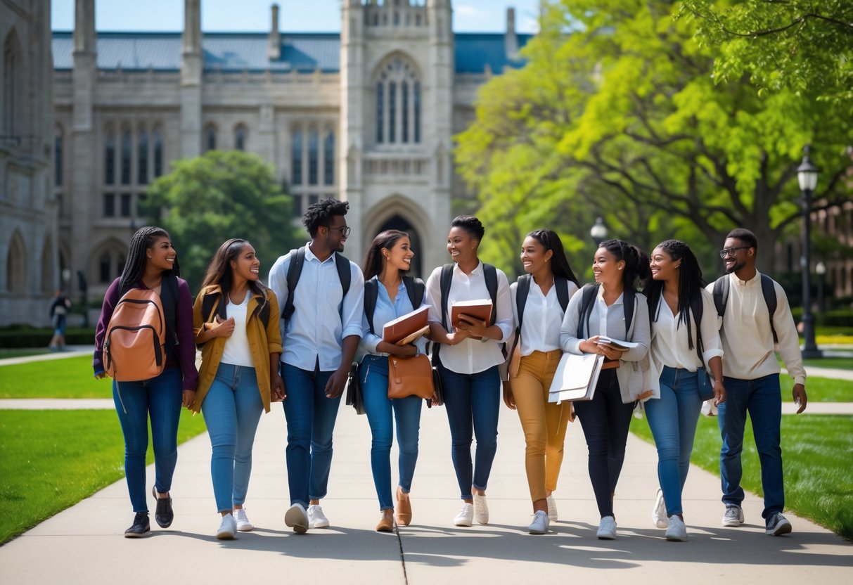 A group of diverse college students walking and talking on a university campus with gothic-style buildings and green lawns in the background.