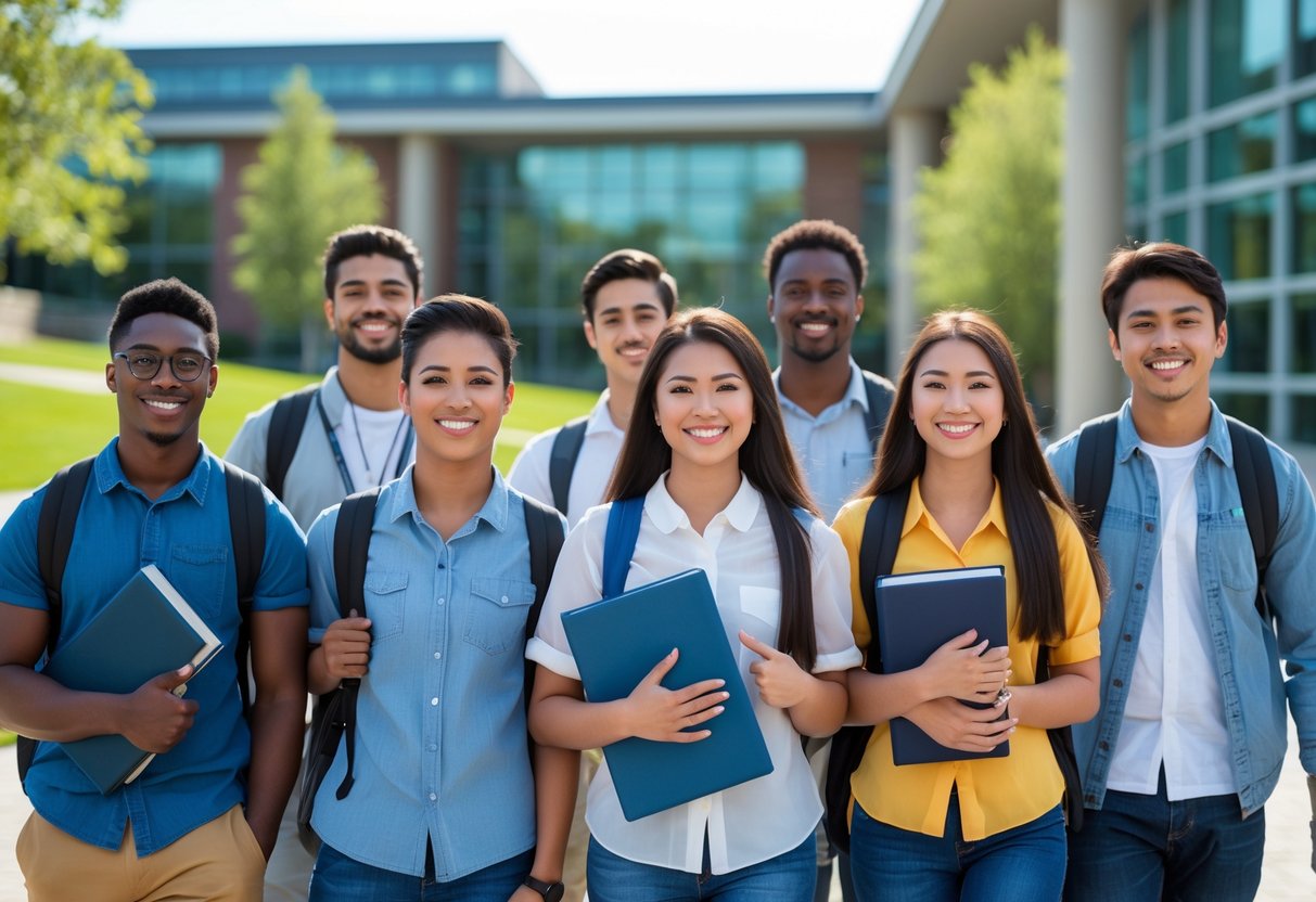 A diverse group of college students smiling and holding books on a university campus with modern buildings and greenery in the background.