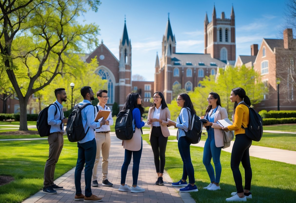 A group of diverse graduate students talking outdoors on Duke University campus with historic buildings and greenery in the background.