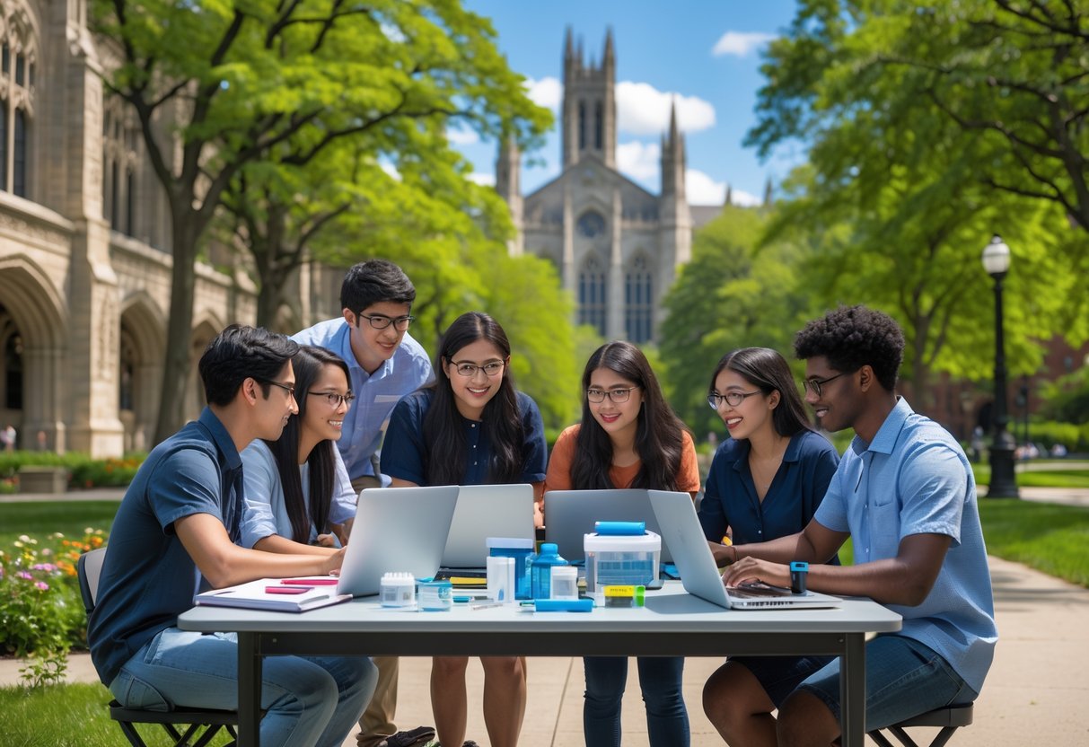 Students collaborating outdoors on a university campus with Gothic buildings and greenery in summer.