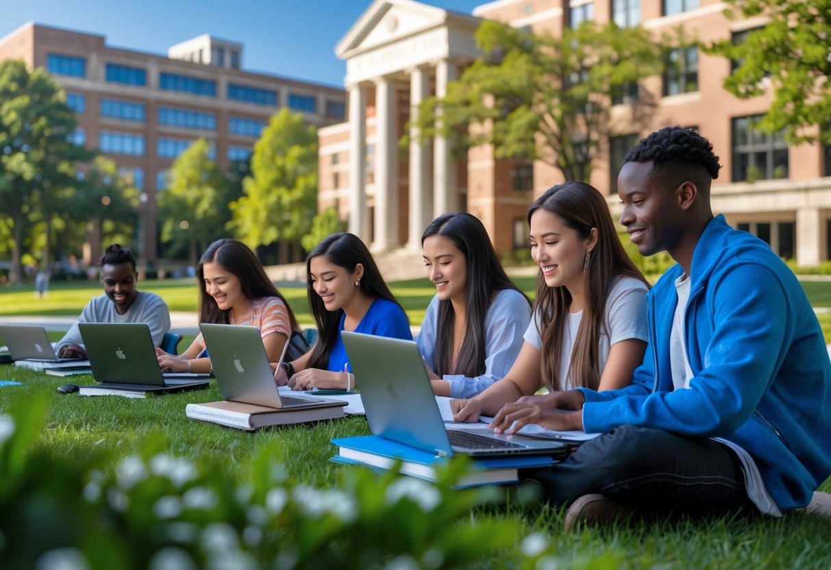 A group of diverse students studying together outdoors on a university campus with buildings and trees in the background.