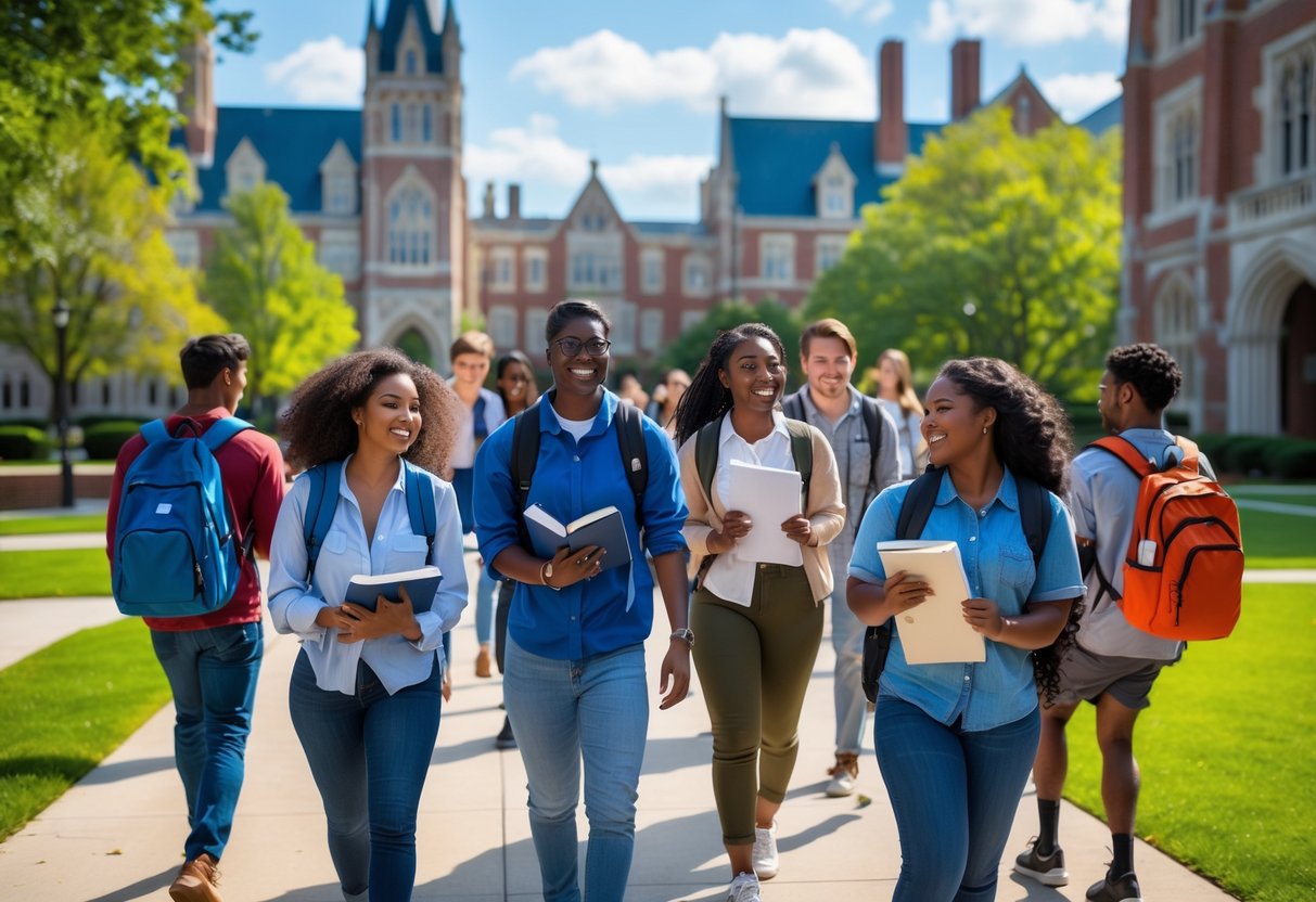 A group of diverse college students walking and talking on a university campus with Gothic-style buildings and green lawns in the background.