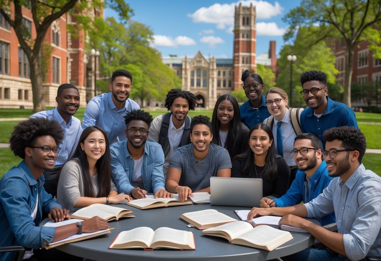 A diverse group of university students studying together outdoors on a sunny day at a university campus.