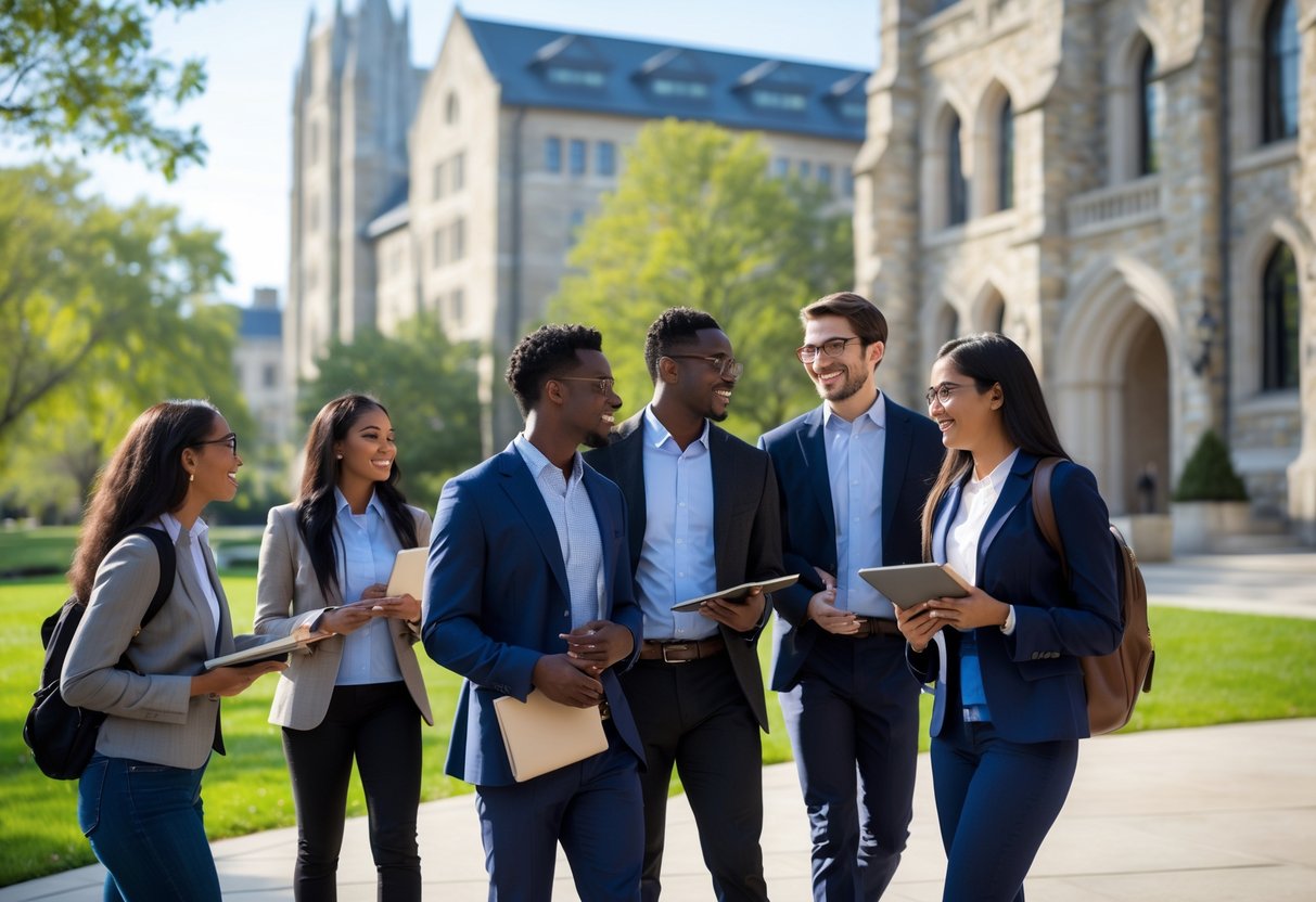 A group of diverse doctoral students studying and collaborating outside a university building on a sunny day.