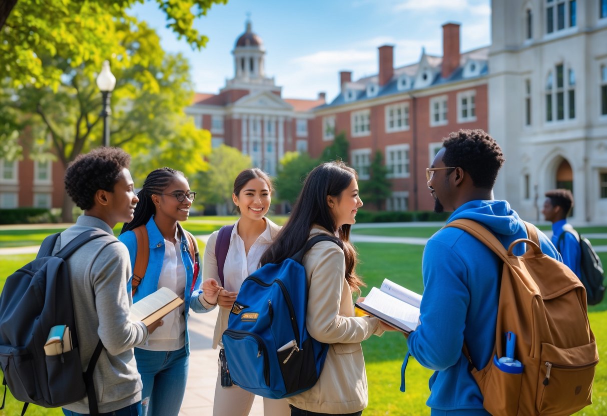 A diverse group of international students talking outdoors on a university campus with historic and modern buildings in the background.