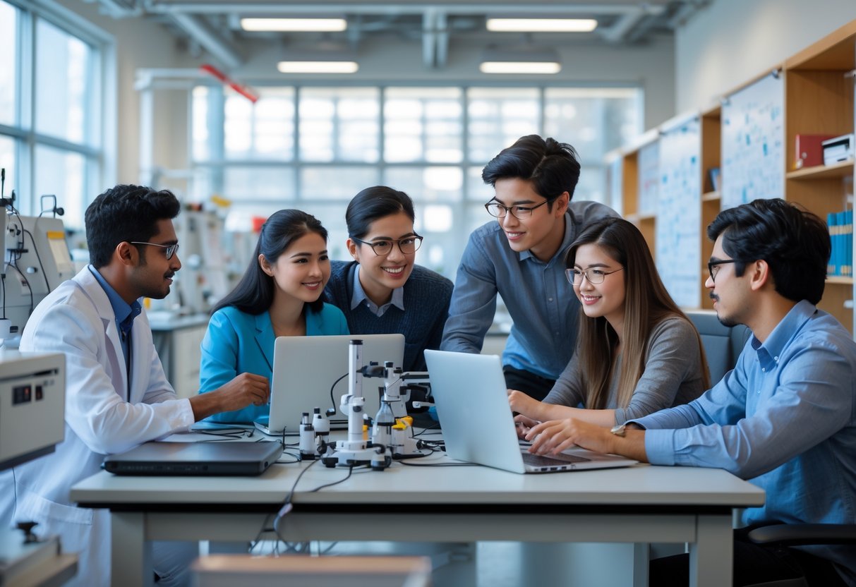 A group of graduate students working together in a bright university research lab with scientific equipment and laptops.