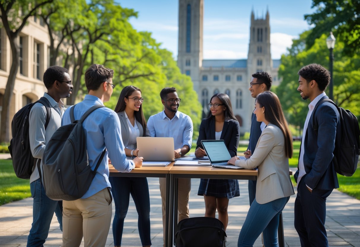 A group of diverse PhD students collaborating outdoors on the University of Chicago campus with university buildings and trees in the background.