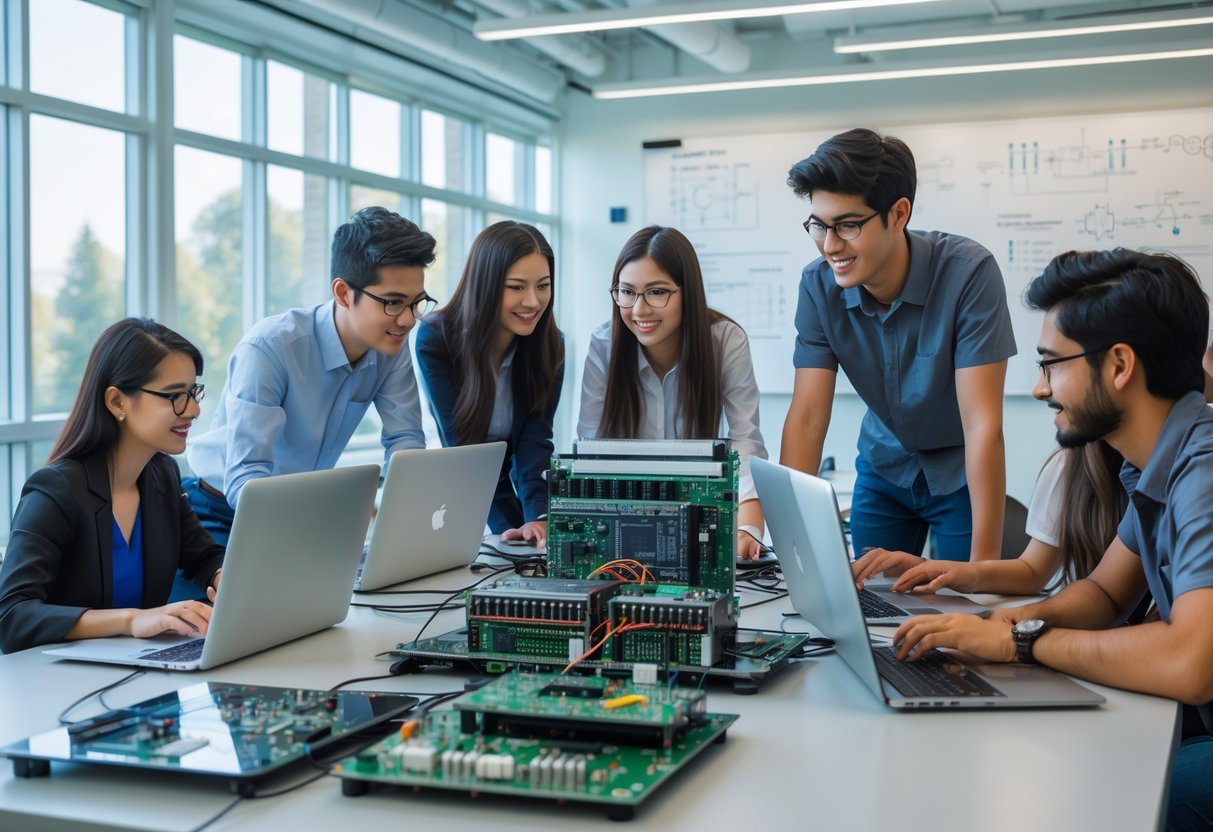 A diverse group of engineering students working together with laptops and computer components in a bright university lab.