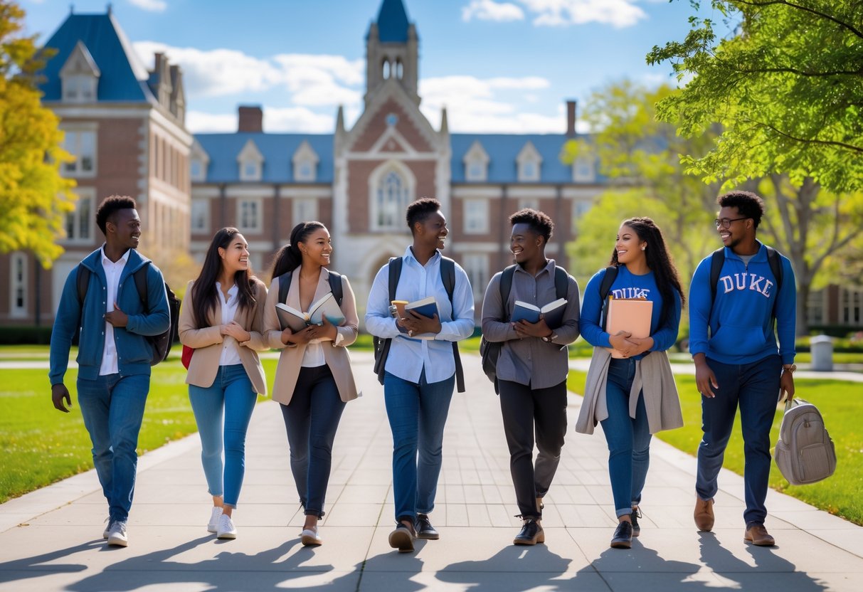 A group of diverse college students walking and talking on a university campus with Gothic-style buildings and green lawns in the background.