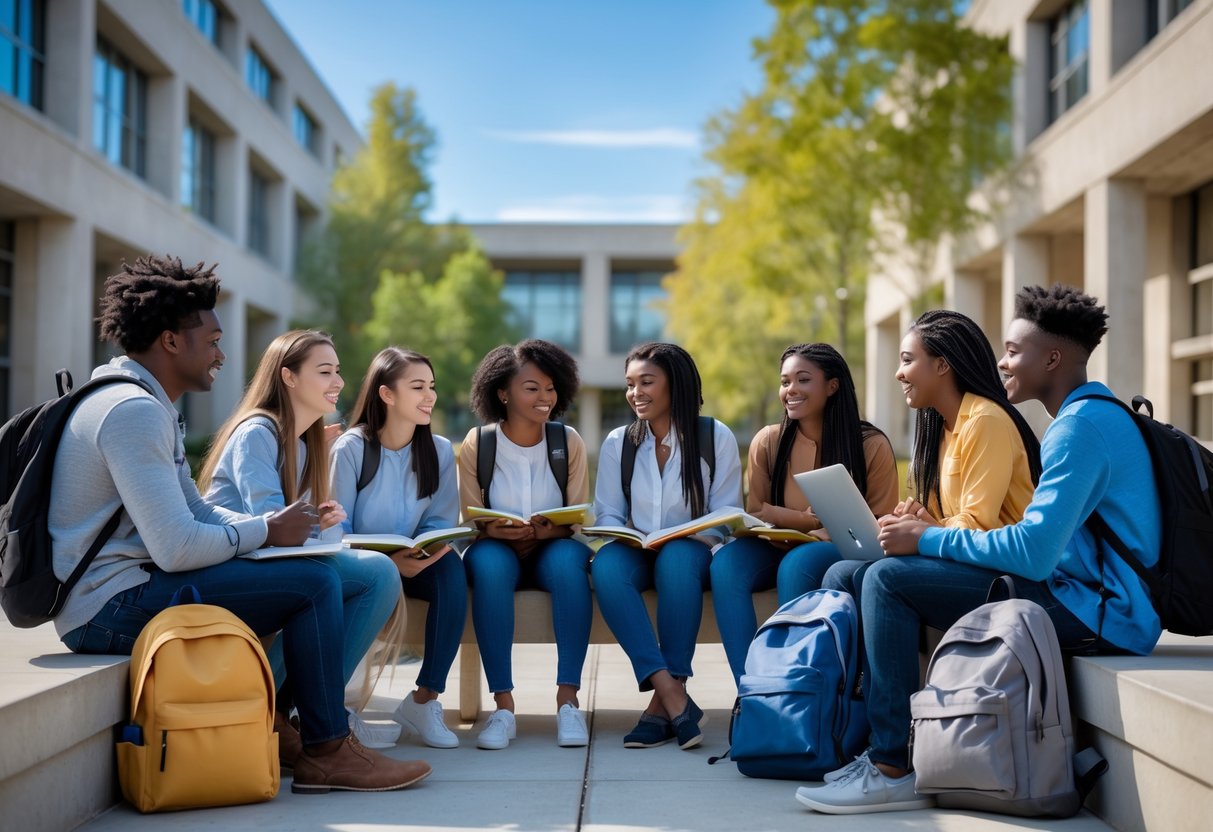 A group of diverse college students studying and talking together outside on a university campus.