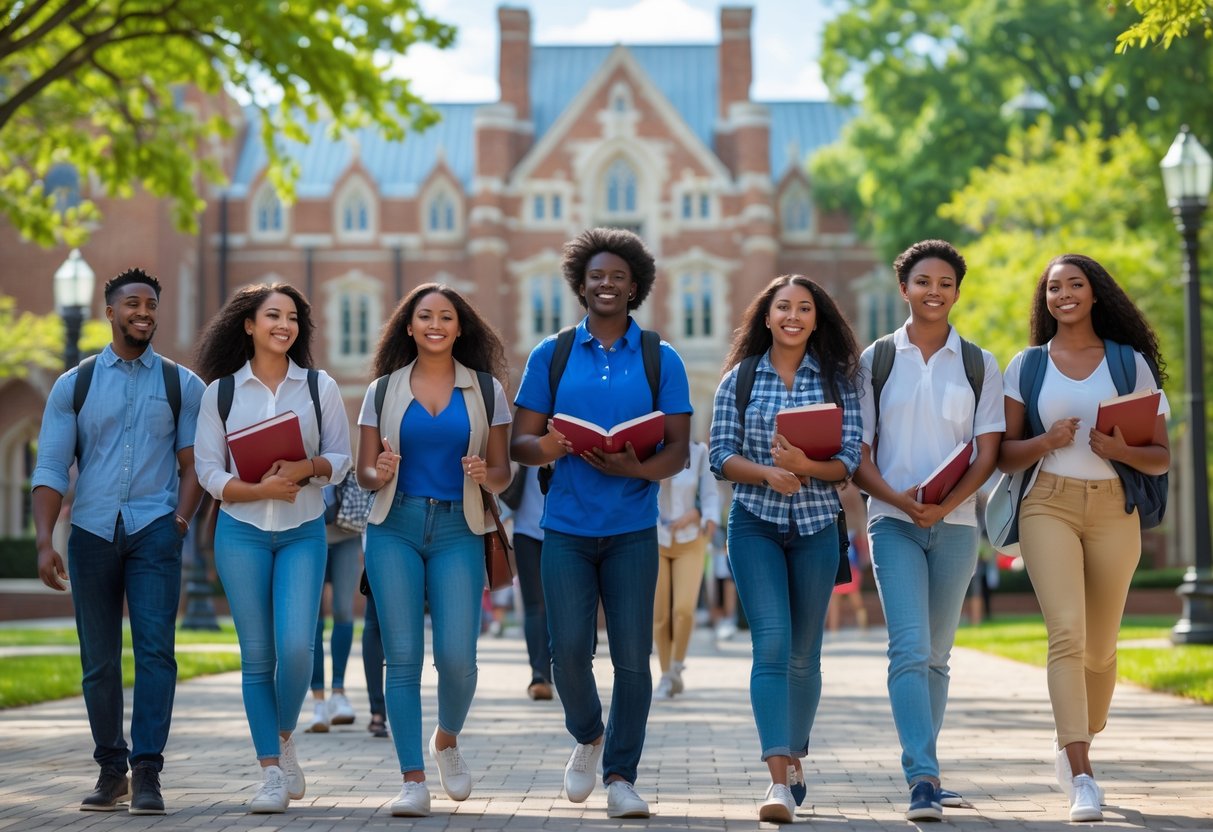 A group of diverse college students smiling and walking together on a sunny Duke University campus with historic buildings and trees in the background.