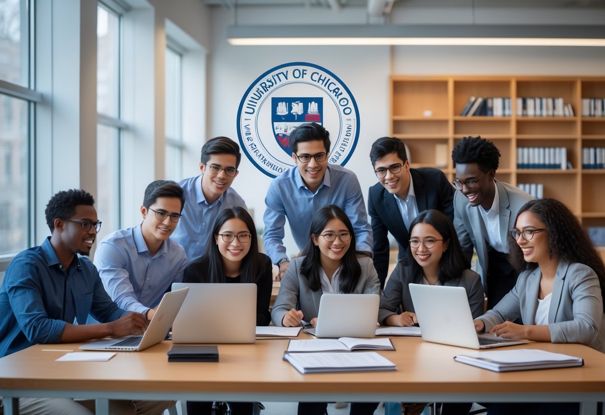 A group of diverse university students and a professor working together in a bright research lab at the University of Chicago.