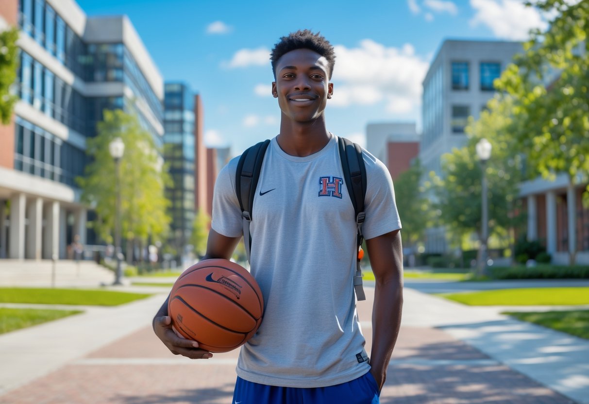 A young athlete holding a sports ball standing on a university campus with modern buildings and trees in the background on a sunny day.