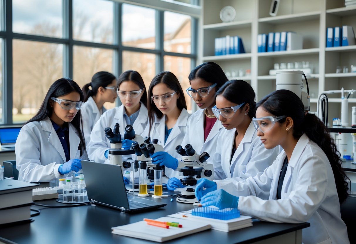 A diverse group of young women scientists working together in a university laboratory.
