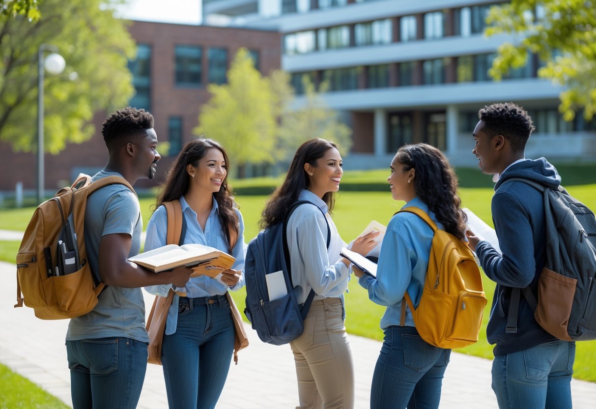 A group of diverse undergraduate students studying and talking together outdoors on a university campus.
