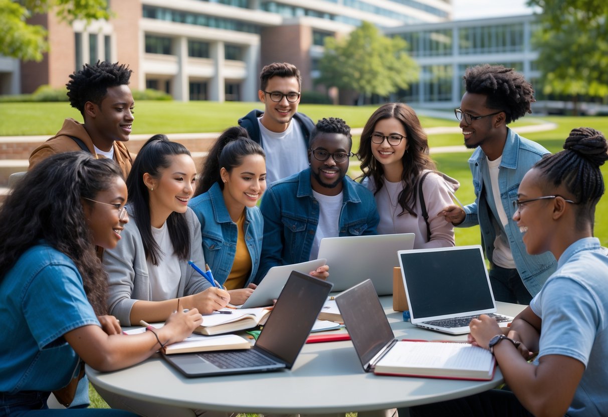 A diverse group of college students studying and talking together outside on a university campus.