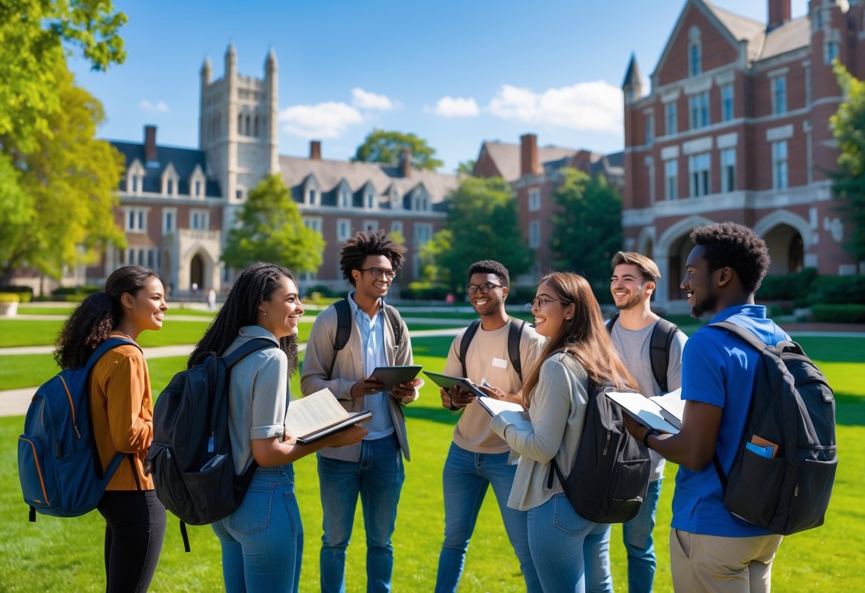 A group of diverse college students studying and talking together outside on the Duke University campus with historic buildings and green lawns in the background.