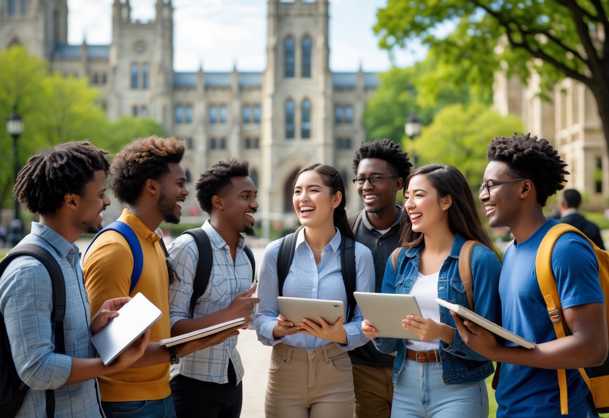 A group of diverse college students smiling and talking outside on a university campus with Gothic-style buildings and trees in the background.