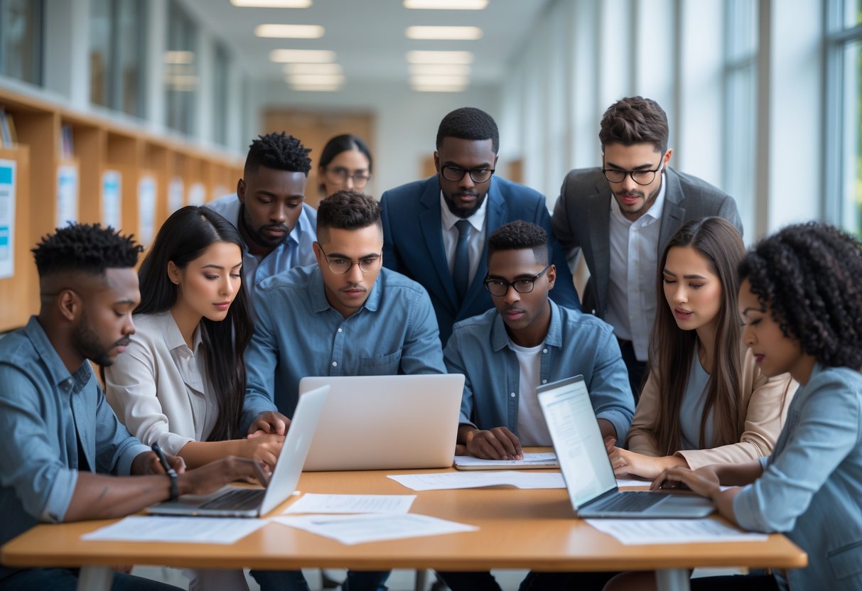 A group of students and faculty members sitting around a table reviewing documents and laptops in a university room.