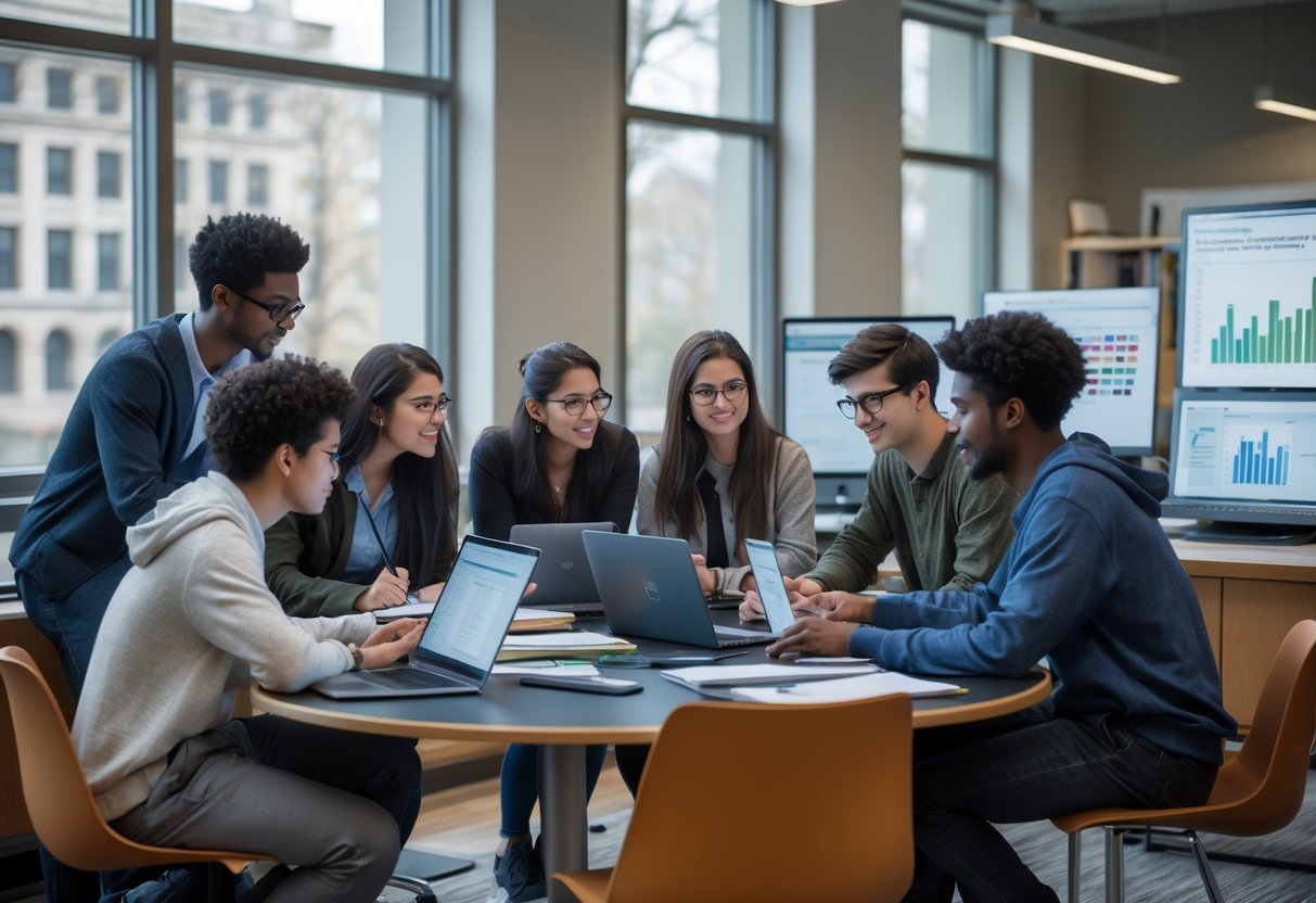 A diverse group of students collaborating around a table with laptops and notebooks in a bright university study space.