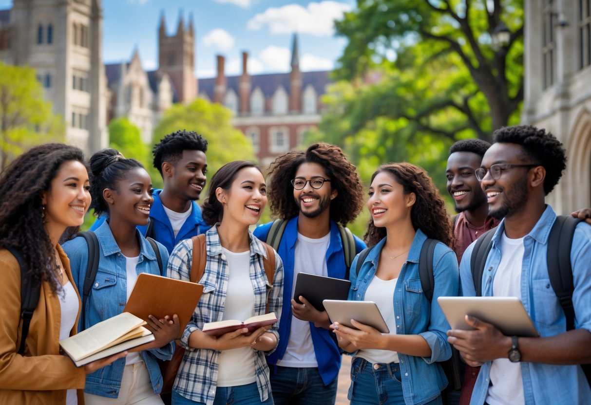 A group of diverse college students smiling and interacting outside on Duke University campus with university buildings and trees in the background.