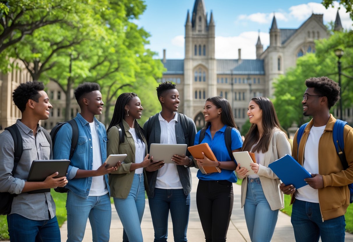 A group of diverse university students standing and smiling together outdoors on a university campus with historic buildings and trees in the background.