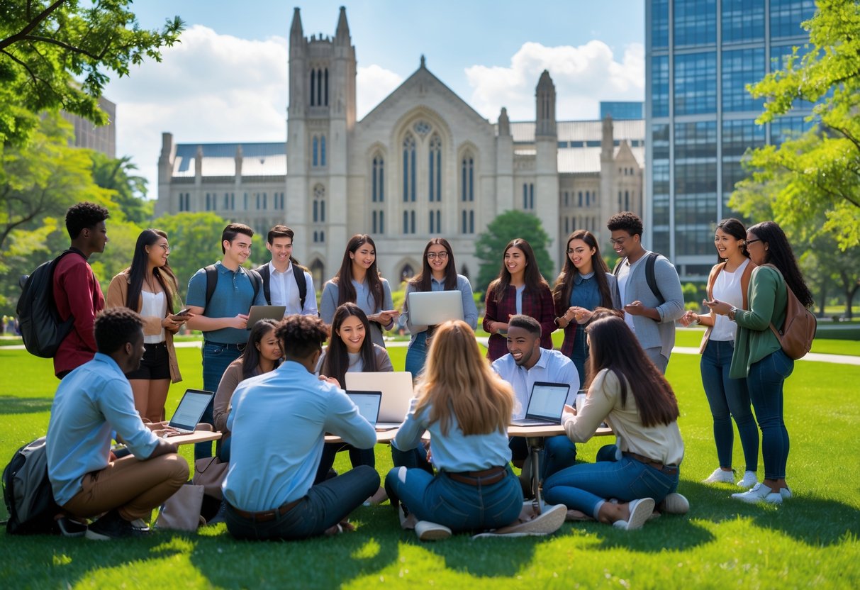 A diverse group of university students collaborating outdoors on a sunny day at the University of Chicago campus with Gothic-style buildings in the background.
