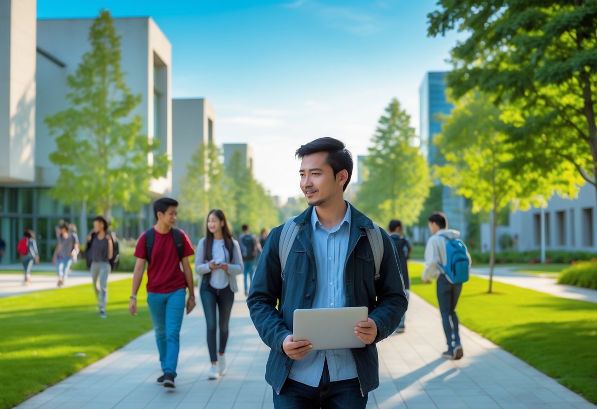 Students walking and studying on a university campus with academic buildings and trees in the background.