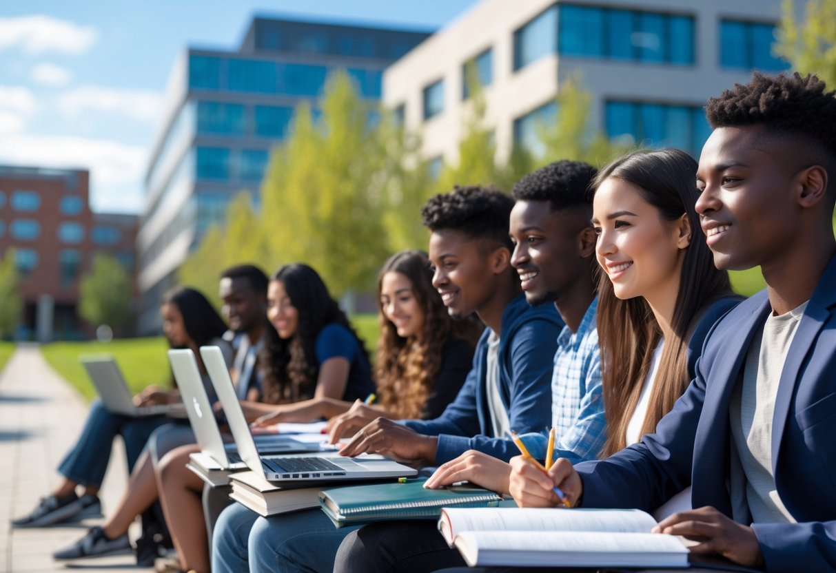 A group of diverse university students studying together outdoors with modern campus buildings in the background.