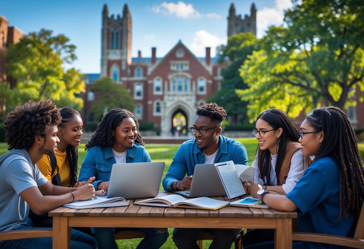 A group of diverse students studying together outdoors on a university campus with Gothic-style buildings and greenery in the background.