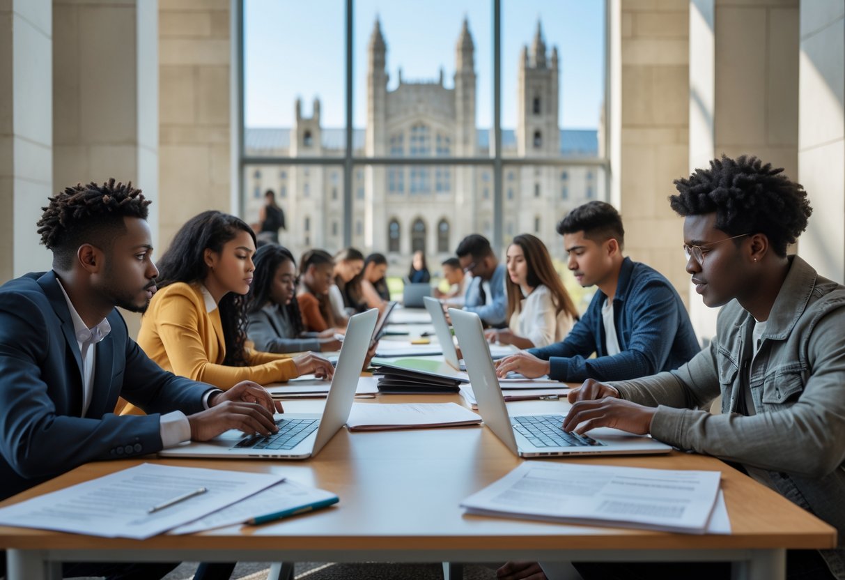 A diverse group of young adults working together on scholarship applications at a university campus table.