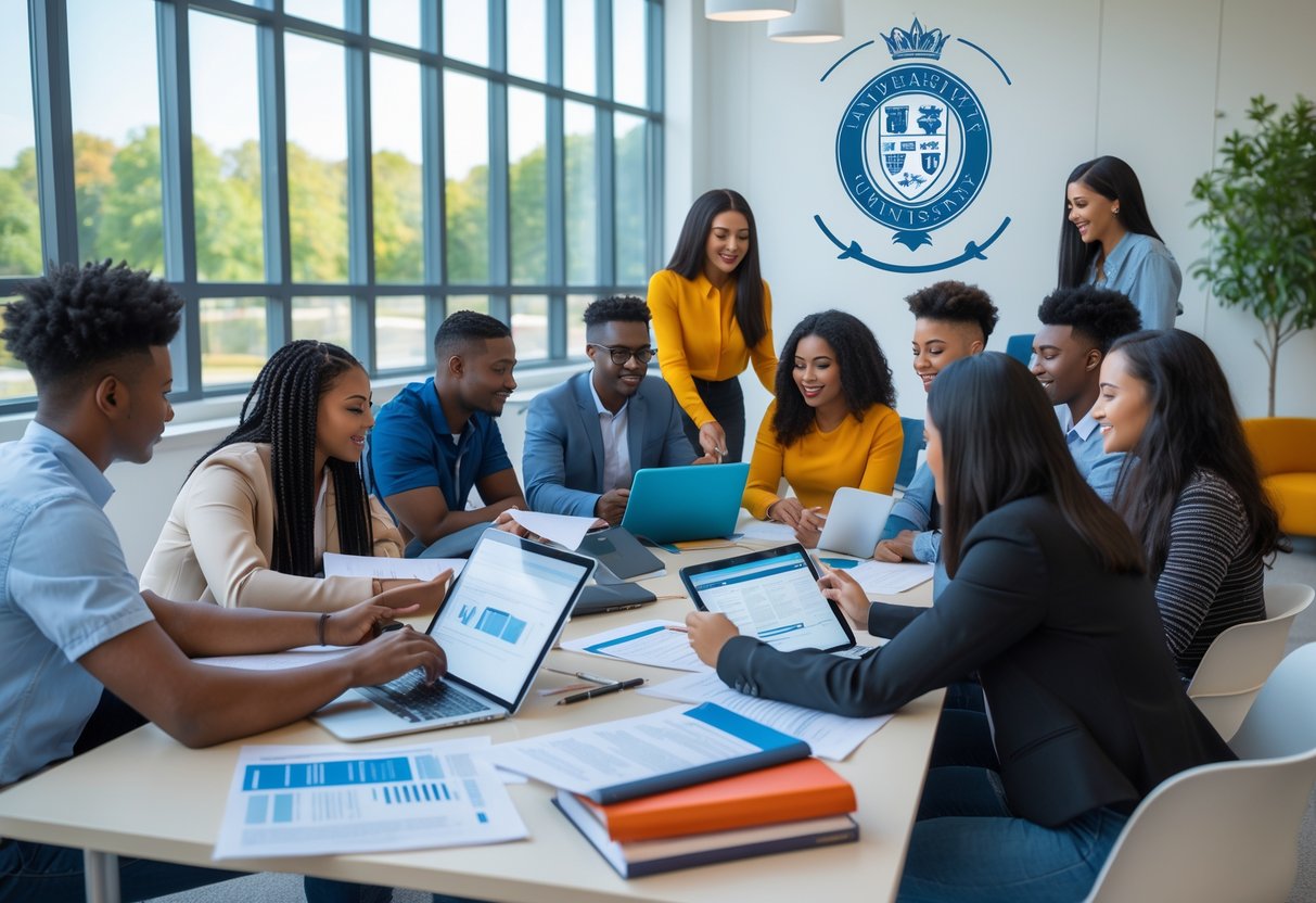 A diverse group of students and a university advisor working together on scholarship applications in a bright university office.