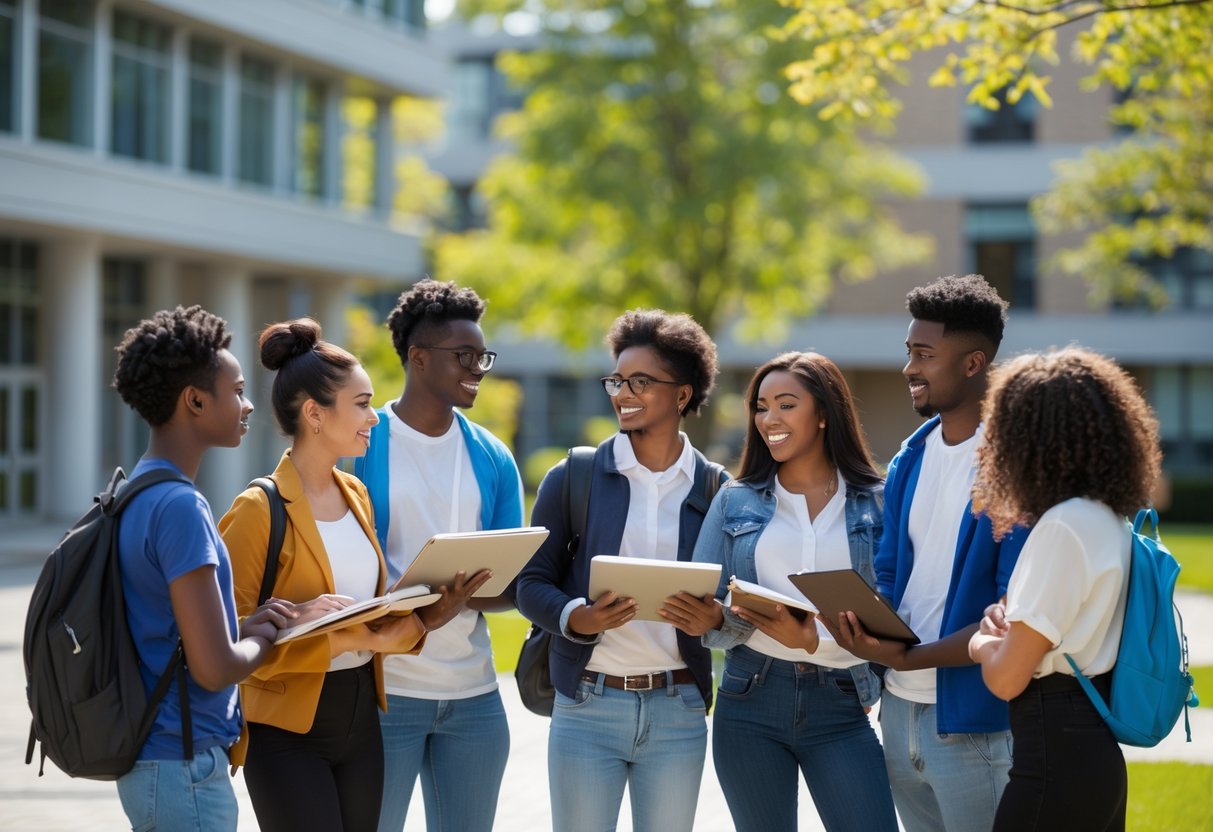 A diverse group of university students studying and talking together outdoors on a sunny campus with modern buildings and trees in the background.