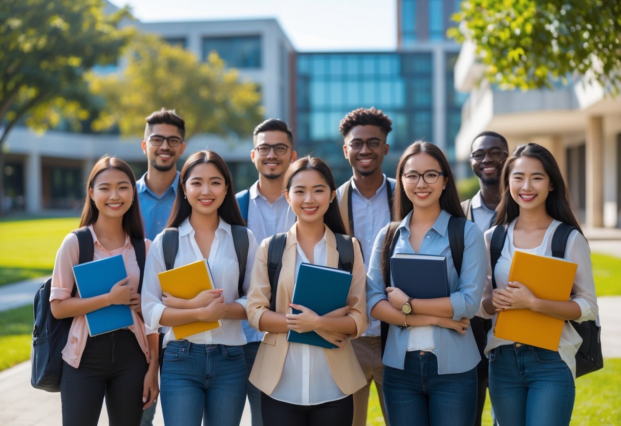 A diverse group of university students standing together outdoors on a campus with academic buildings and greenery in the background.