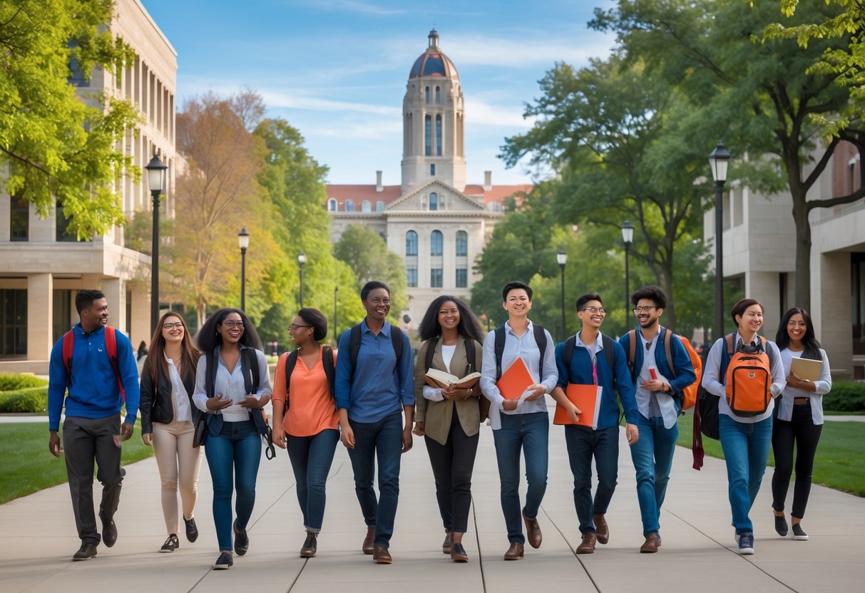 A group of diverse college students walking and talking on a university campus with modern buildings and green trees in the background.