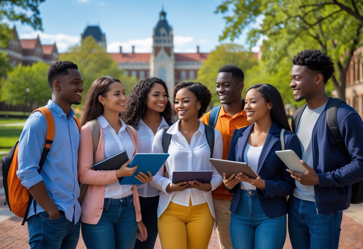 A diverse group of university students standing and smiling together outdoors on a university campus with buildings and trees in the background.