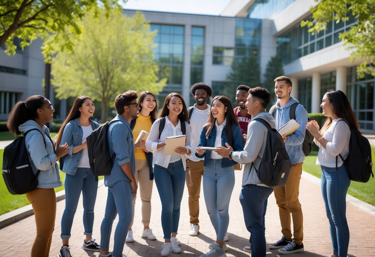 A diverse group of college students smiling and talking together on a university campus outdoors.