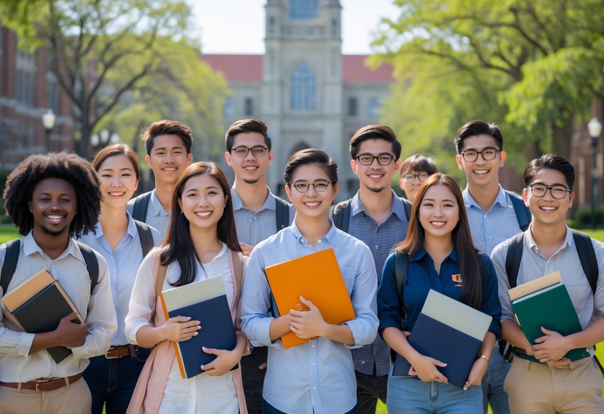 A group of diverse university students smiling and holding books outdoors on a sunny day at a university campus.