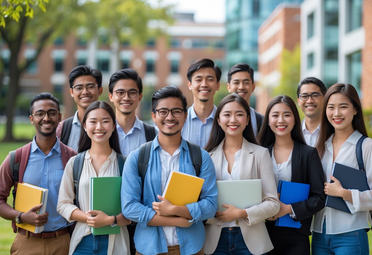 A diverse, holding books, smiling together.