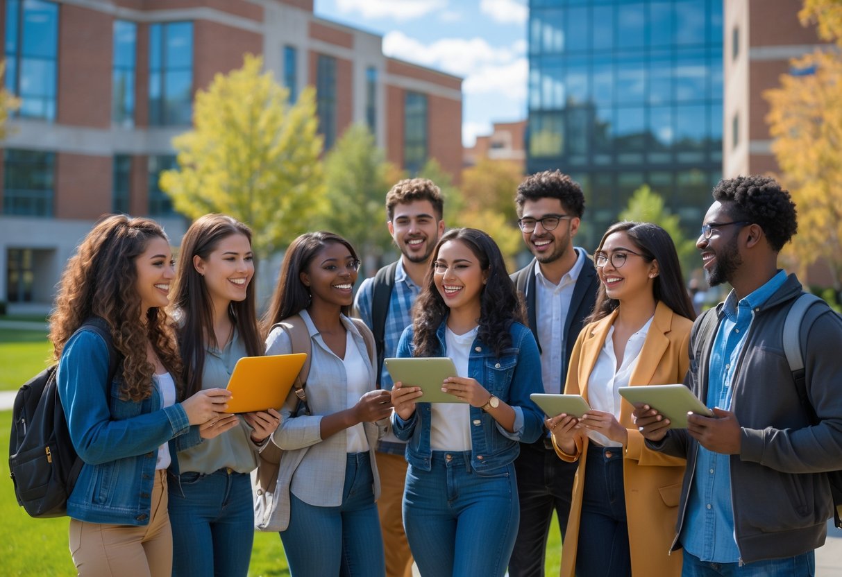 A diverse group of university students studying and collaborating outdoors on a sunny day at a university campus.