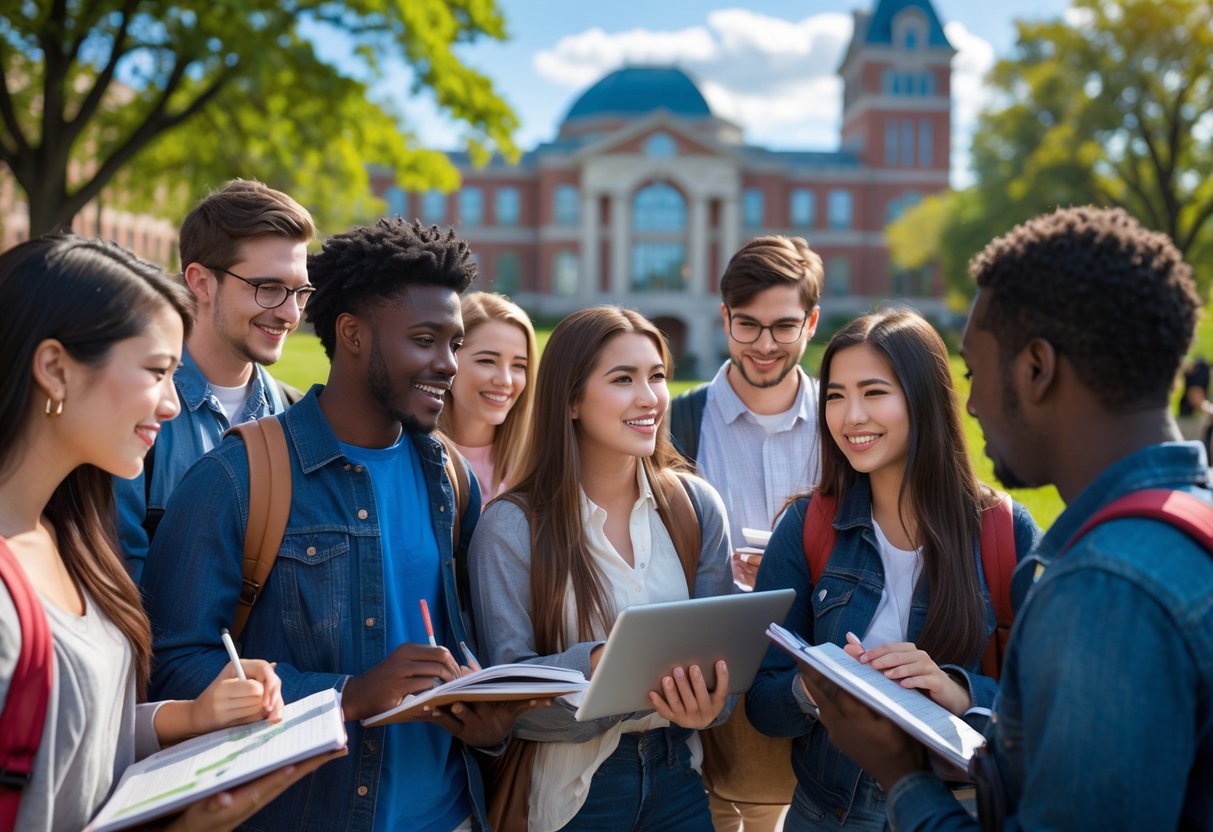A group of diverse college students studying and talking together outside on a university campus with buildings and green lawns in the background.