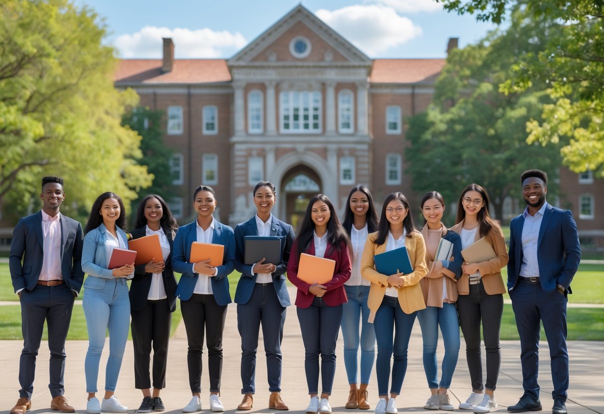 A diverse group of smiling university students standing outdoors on a sunny campus with a large university building in the background.