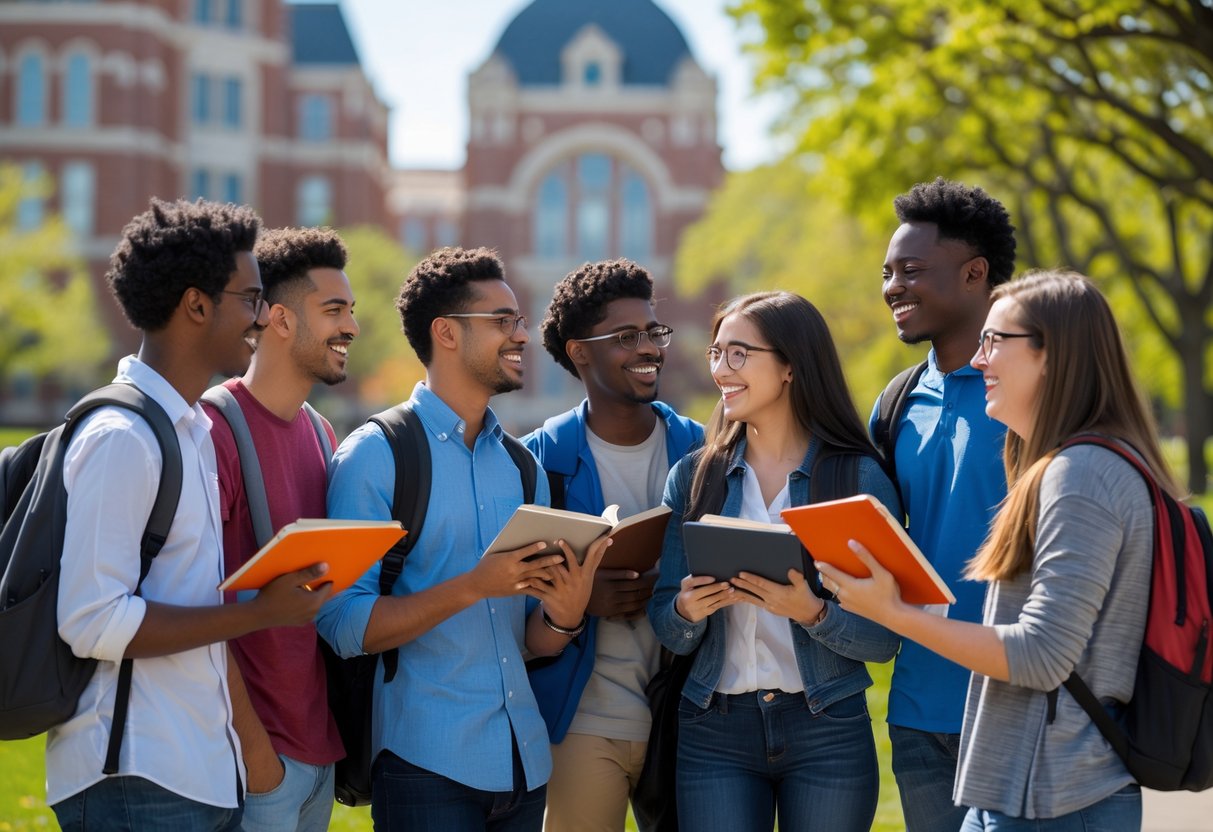A group of diverse college students studying and talking together outdoors on a university campus with buildings and trees in the background.