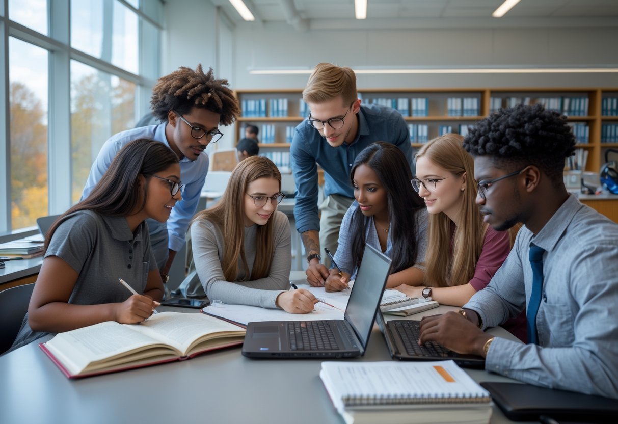A diverse group of college students working together on a research project in a bright university lab with scientific equipment and books.