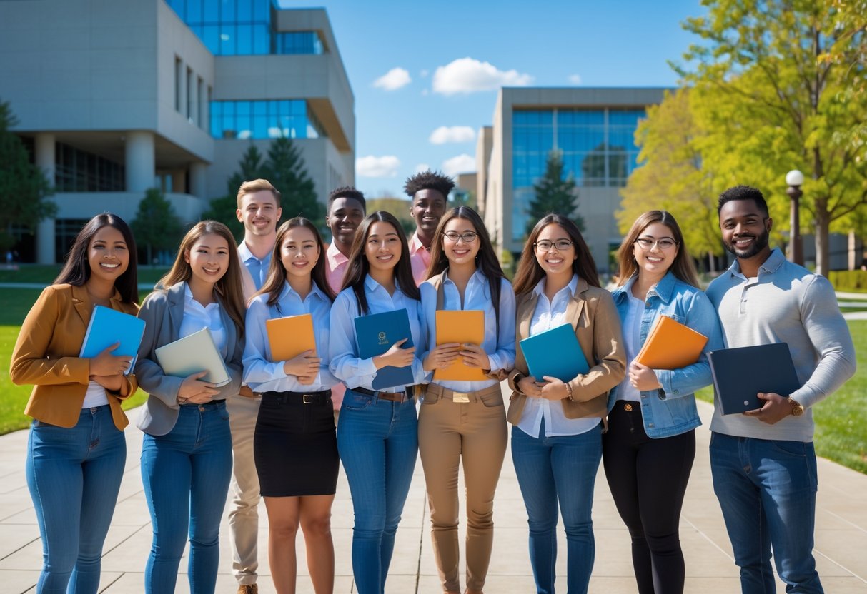 A group of diverse college students smiling and standing together outdoors on a university campus with buildings and trees in the background.