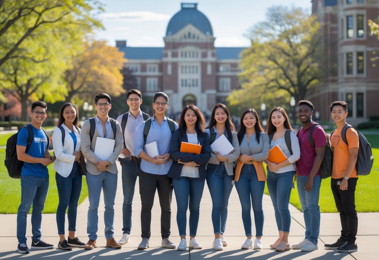 A group of diverse university students standing outside on a sunny day at a university campus with buildings and green lawns in the background.