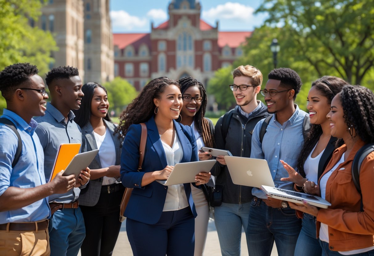 A diverse group of college students studying and talking together outside on a university campus.